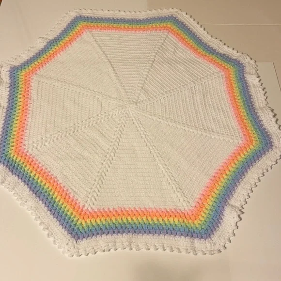 Bedding Handmade Crocheted Octagon Baby Afghan White W Rainbow